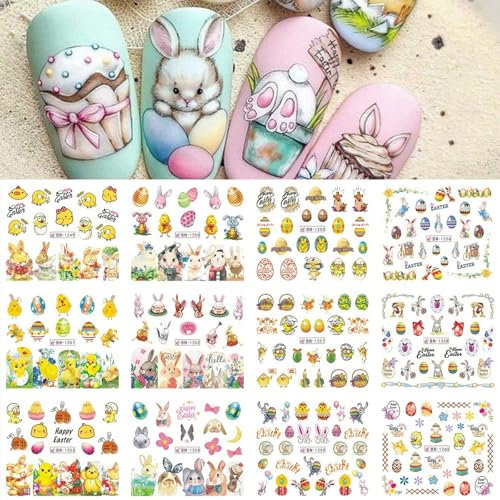 Kabwea 1 Sheet Contains 12 Easter Design Nail Stickers, Easter Nail Stickers, Nail Decals, Nail Art
