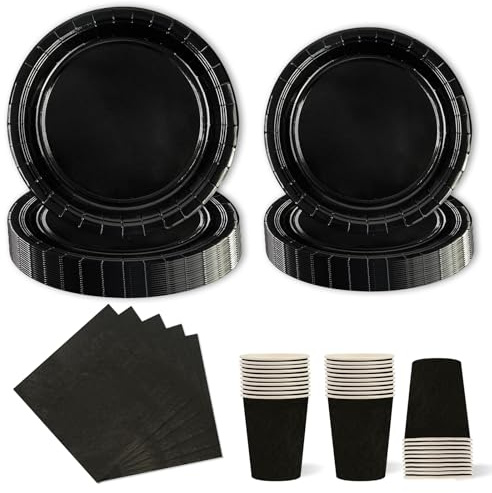 96 Pcs Black Paper Plates,Paper Plates Cups and Napkins,Disposable Dinnerware Set for Graduation Holiday Wedding Birthday Party Baby Shower Decorations Serve 24 Guests