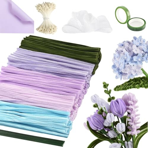 Pfeifenreiniger Blumen, 500 Stück Pfeifenreiniger zum Basteln, Pfeifenreiniger Blumen Set mit Grüne Blumenstöcke, 2 Stück Klebebandrollen, 350 Stück Blütenmitte, für Blumenstrauß DIY Basteln