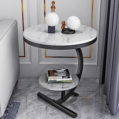 Beistelltisch aus Marmor, kleiner runder Beistelltisch mit schwarzen Metallbeinen, moderner weißer Nachttisch, 2 Etagen, rund, Sofa, Couchtisch für Schlafzimmer, Wohnzimmer, Möbel (Größe: 55 x 60 cm)