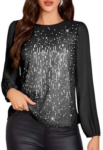 DRESSTELLS Paillettenoberteil Damen Funkelnde Langarmbluse für Party Runde Kragen Glitzer Bluse Karneval Festliches Glitzertop