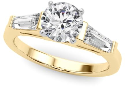 JTC LTD Verlobungsring mit 3 Steinen, im Labor gezüchtet, runde Mitte mit Seitenstein im Baguetteschliff, massives 9 K/18 Karat Gold, Platin oder 925er Silber, 0,50 Karat - 5,00 Karat D/VVS, Zinken