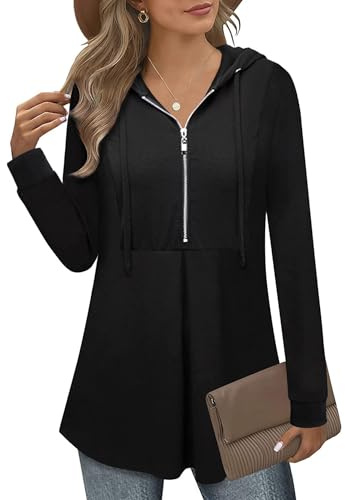 Siddhe Damen Pullover Elegant Longpullover Hoodie Tunika Langarm Sweatshirt Kapuzenpullover Pulli mit Kapuzen Longshirt A-Linie Locker Lange Shirt Oberteile Einfarbig, Schwarz 3XL