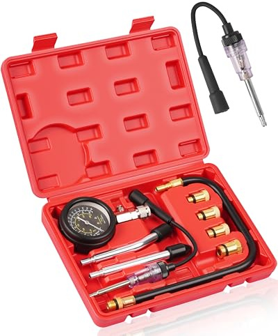 DAYUAN 9Pcs Professional Petrol Engine Compression Tester Kit Set | Spark Plug Ignition Tester, Dual Scale Gauge, 0-300 PSI/0-20 Bar, Reinforced Rubber Hose, Universal for Cars Motorcycles