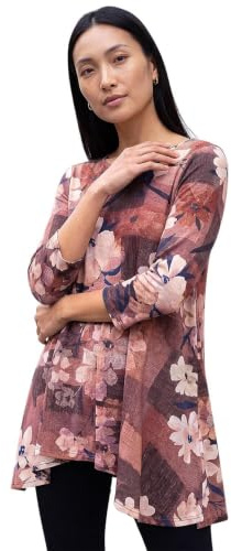 Roman Originals Hanky Hem Tunic Top for Women UK - Ladies Longline Blouse Asymmetric Hemline Casual Slouch Loose 3/4 Sleeves Round Neck Relaxed Comfortable Holiday - Brown - Size 20