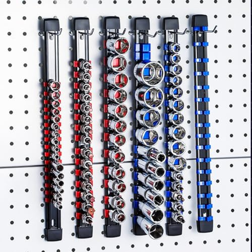 Jotekonoby Socket Wrench Organizer Set with 1/4, 3/8, 1/2 Inch Drive Rails, Wall-Mounted Socket Storage Rack with Steel Tray and 12/15/16 Clips(3-8 blue)