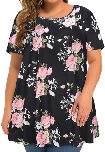 Damen Große Größen Tshirt Oversize Sommer Top(Schwarz Rosa Rose,2XL)