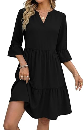 Zeagoo Sommerkleid Damen V-Ausschnitt 3/4 Arm A-Linie Knielang mit Taschen | Rüschen 3/4 Ärmel|Lose Freizeitkleid|Elegant Swing kleid|Gestuftes Kleider|Casual Strandkleid|S-2XL