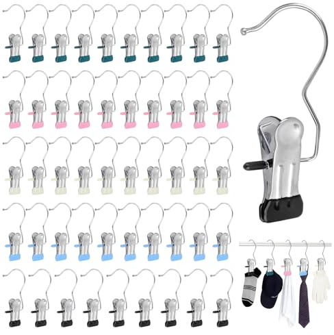 50PCS Pince a Linge INOX, Pinces à Linge pour Serviettes Vêtements Bottes | Epingle a Linge Antidérapantes en Acier Inoxydable, Pivotantes à 360°, pour Pantalons Chaussures (Bleu Noir Vert Rose Beige)