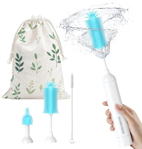 SEANCHEER S02 Electric Bottle Brush Set, Portable Baby Bottle Brush Cleaner, AA Battery-Powered & IPX7 Waterproof, with Silicone Bottle/Nipple/Straw Brush, for Home & Travel (Blue)