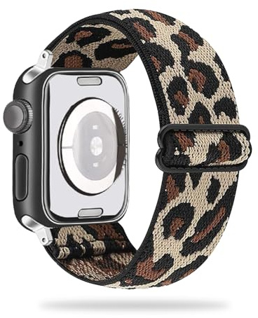 FOSDICK Compatible with Apple Watch Strap 38mm 40mm 41mm, Adjustable Stretch Nylon Watch Band, Leopard Print Watch Straps for Men and Women, Smartwatch Replacement Bands, Leopard Print Gifts