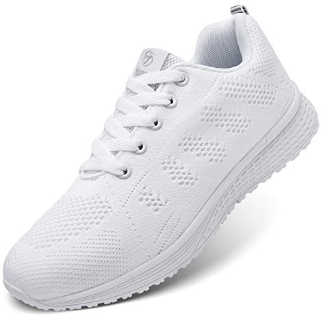 ANBIWANGLUO Damen Turnschuhe Sportliche Laufschuhe Schnürschuhe Atmungsaktive Outdoor Cross Trainer zum Joggen Weiß 37 EU