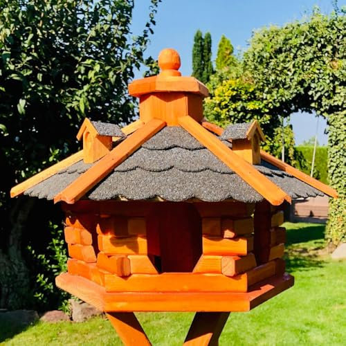 DARLUX handgefertigtes Sechseck Vogelhaus aus Holz wetterfest M - XXL mit und ohne Ständer I Futterhaus I Futterhäuschen I wetterfest I Bitumdach (Größe L ohne Ständer, Schwarz - Braun)