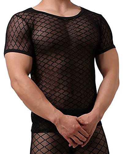 Sexy Männer Schiere Kurzarm T-Shirt Unterwäsche Stretch Hemd Tops Clubwear Guywear Gogo Swingerclub Freizeithemd Sommer Muskel Top Oberteil Mit Engen Muskel Fit Unterhemd XL Blk Netz (schwarz,L)