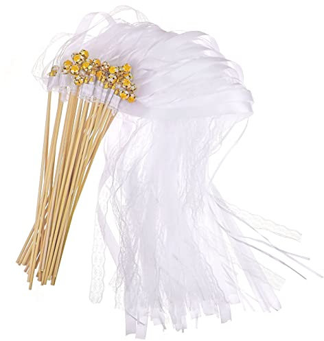 HOWAF 30 Stück Wedding Wands mit Glöckchen Zauberstäbe Hochzeit Luftschlangen Weiß Spalier Hochzeit Stäbe mit Hochzeitsbändern Seidenfeenstab Hochzeitsdeko für Hochzeiten Geburtstage Weihnachten Party