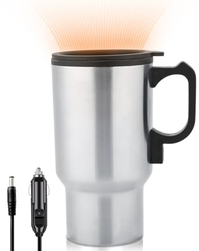 Wasserheizbecher für Auto, 450ml, 12V, Vakuumisoliert, Edelstahl, Elektrischer Reisebecher mit Zigarettenanzünder für Kaffee, Tee, Wasser