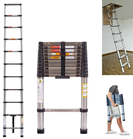 Jupitor Telescopic Ladder 3.2m Extension Ladder, Stainless Steel Extendable Roof Ladders for Home, Multi-Purpose Compact Household Daily Hobbies, 330 Lb Capacity, EN131, Silver