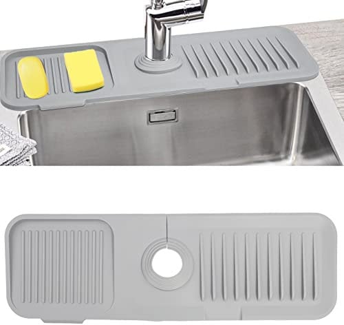 Sink Faucet Mat with Slope for Self Draining Silicone Sink Splash Guard as Soap Dish & Sponge Holder Faucet Handle Drip Catcher Tray for Kitchen Counter Bathroom (Grey)