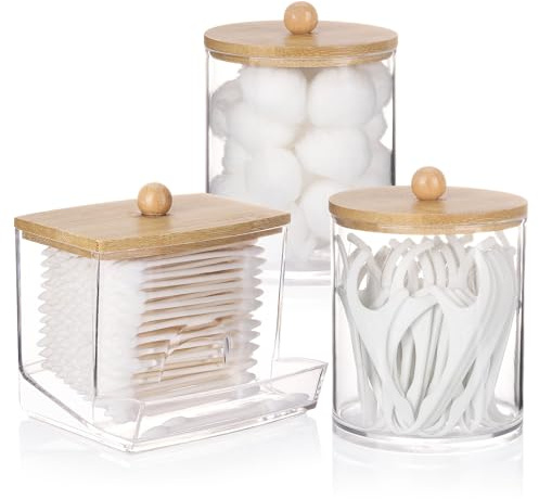 Tbestmax Qtips Dispenser Bathroom Container, 10/12 oz Cotton Ball Holder, Apothecary Jar Organizer for Storage Cotton Swab, Floss Picks (Bamboo Lids)