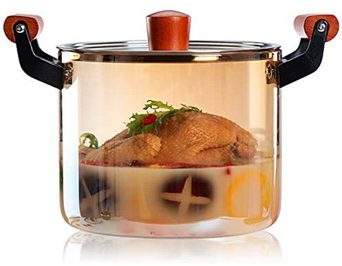Olla de cocción de Vidrio Cacerola Estufa de borosilicato Alto Utensilios de Cocina de Vidrio Olla a Fuego Lento Olla de Sopa Transparente con Tapa y Mango de Madera para Estufa Pa