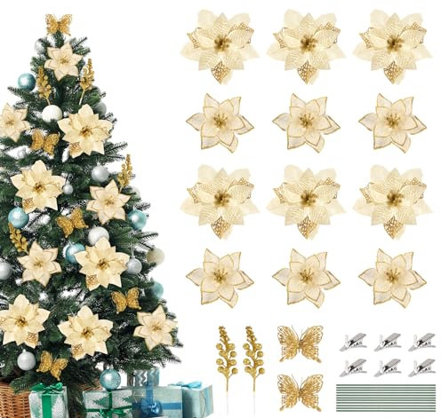 ilauke 30 Stück Weihnachten Glitzer Weihnachtsstern Blumen Künstliche Weihnachtsbaum Blumen Dekorationen Set mit 10 Schmetterling, Rhizome,Clips und Beerenzweig für Christbaumschmuck Kränze, Golden