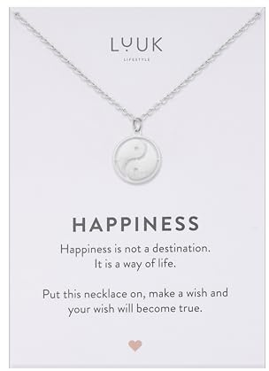 LUUK LIFESTYLE Feminine Halsketten aus Edelstahl mit schlichten Anhängern in zeitlosem Design, Glücksbringer, alltagstauglich und langlebig, HAPPINESS Spruchkarte, Geschenk, Silber, Gold, Roségold
