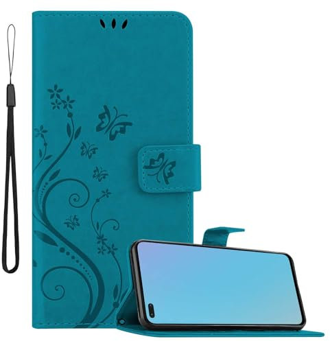 Cadorabo Hülle kompatibel mit OnePlus Nord Blumen Design aus Premium Kunst Leder Flip Klappbare Stoßfeste Magnetische [Standfunktion] [Kartenfächern] Cover Case für OnePlus Nord Tasche in Blau