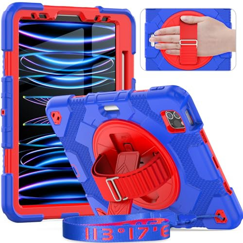 timecity Case for iPad Air 5th/4th Generation, iPad Pro 11 Inch Case,Heavy Duty Shockproof Case with Screen Protector, 360 Rotating Stand/Hand Strap/Pencil Holder for iPad Air5 10.9, Blue/Red