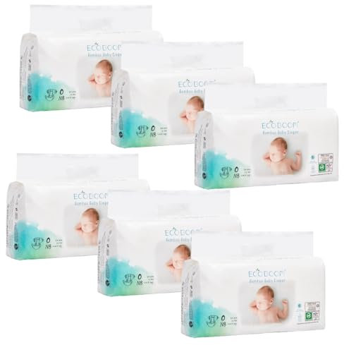 Ecoboom Windel, umweltfreundlich, aus Bambus, 70 % biologisch abbaubar, hypoallergen (Größe 1/NB < 3 kg, Packung mit 6 Taschen, insgesamt 204 Tücher)