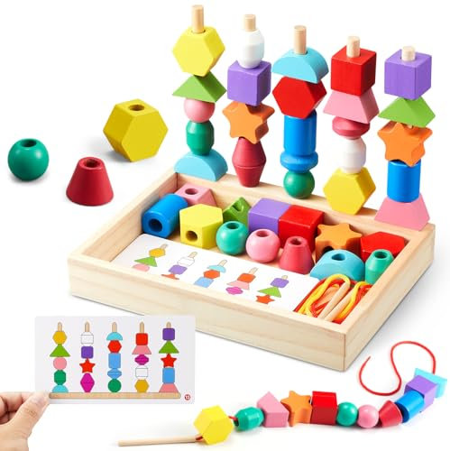 ZGIMI Montessori Spielzeug ab 3 4 5 Jahre Motorikspielzeug Fädelspiel Bausteine Sortierspiel für Kinder, Holz StapelspielFeinmotorik Lernspiele Geschenk für Baby Junge Mädchen (Mit Aufbewahrungsbox)