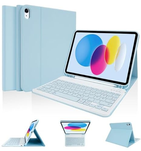 LAMA Tastaturhülle für iPad A16 11 Gen.2025 (A3354/A3355/A3356), iPad 10 Gen. 2022 (A2696/A2757/A2777), schlanke Schutzhülle, kabelloser Bluetooth Tastatur Hülle mit Stifthalter(Deutsche QWERTZ), Blau