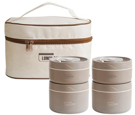 kesurpae Robuste, isolierte Lunchbox aus Edelstahl mit abnehmbarem Innenfutter. Doppelschichtige tragbare Lunchbox, Bento Box, dunkler Kaffee, 4 Stück + Beutel