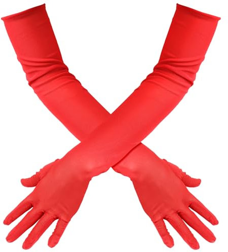 Long Gloves, Lace Gloves Stretchy Fabric Opera Gloves Tulle 22 Inch Extra Long Sheer Gloves for Dinner Parties Dance Performance Bridal Ceremony (red)