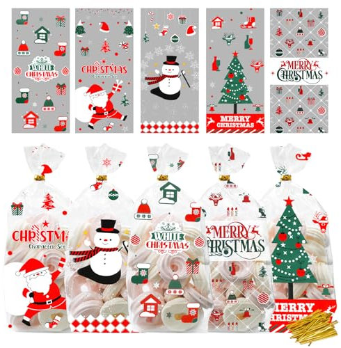 120 Stück Plätzchentüten Weihnachten, Cellophantüten mit Twist Krawatten, Süßigkeiten Tüten, Kekstüten Transparent, Tüten Zum Befüllen, Popcorn Tüten für Süßigkeiten Kekse Pralinen (Transparent A)