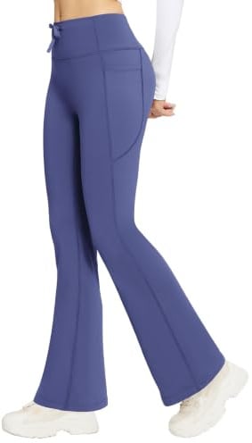 BALEAF Termoyogabyxor, hög midja, utsvängda leggings, vinter, fleece, fodrade termobyxor, dragsko, termiska leggings, bootcut bell-bottom, varma joggingbyxor med fickor, Marinblå, XL