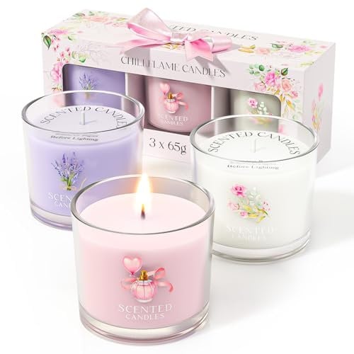 CHILLFLAME Candle Set, Scented Candle Gift Set for Her, 3 Scented Votive Candles, Birthday Gifts for Women/Men (Pink+Purple+White, 200g)