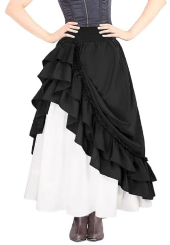 EMOTTOS Falda Medieval Mujer, Falda Larga Renacentista 2 en 1, Halloween Falda Victoriana de Doble Capa con Bolsillo, Vintage Falda Largas de Cintura Alta para Mujers, Negro XL