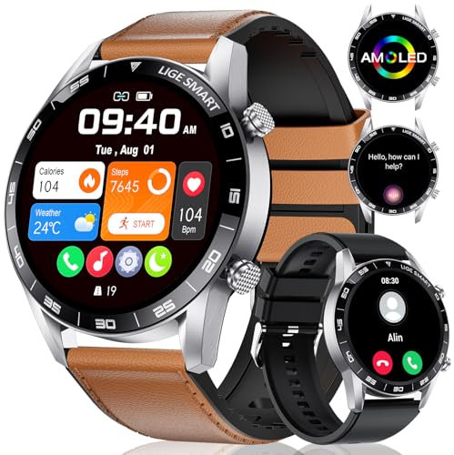 LIGE Smart Watch for Men with 1.43'' AMOLED Display 2 Straps, Answer/Make Call, Fitness Watch 100+ Sports Modes,Health Monitor Smartwatch for Android iOS Phones,Brown Leather