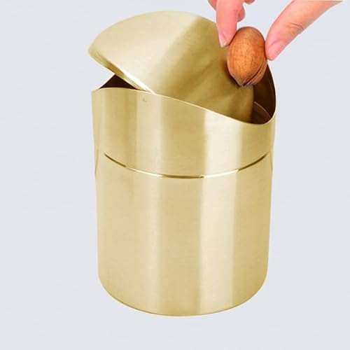 ETRAVEL Mini Desktop Trash Can, Brushed Stainless Steel Swing Bin, Small Desk Bin Indoor Dustbin 13 * 13 * 18CM 1.7L (Gold) for Kitchen, Bathroom, Coffee Pods, Tea Bags