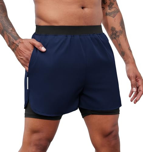 PINSPARK Shorts Herren Sport Sporthose Outdoor Kurze Sporthose 2 in 1 Gym Laufshort Frühling Schnell Trocknend Trainingsshorts Kompressions Basketball Shorts Dunkelblau M