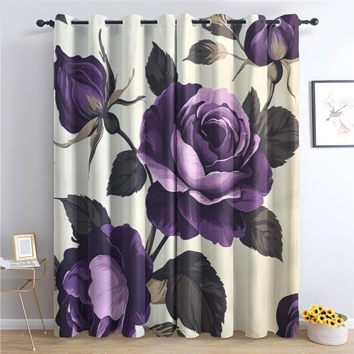 Luxfieo Purple Rose Blackout Curtains for Living Room Bedroom - 90 Inch Drop Curtains 54x90, Vintage Rose Florals Patterned Window Treatments, Thermal Eyelet Drapes 2 Panels R#168