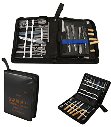 Ejoyous Schnitzwerkzeug Set, 46-teilig, Gemüse und Obst Garniermesser mit Holz- und Kunststoffgriffen, inkl. Aufbewahrungskoffer für Obst, Gemüse und Kuchen