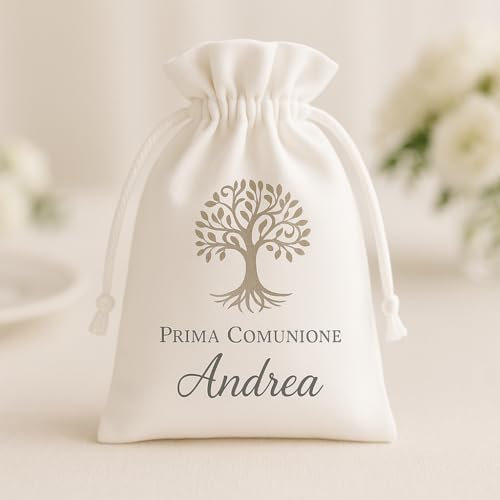 Cormar Sacchetti Bomboniere Prima Comunione, 12 Pezzi, 9x12 cm, Personalizzati con Nome e Data, Bianco (ALBERO DELLA VITA)