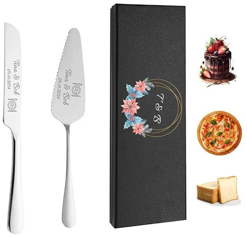 toyofmine Juego de corte de tartas para boda juego | Cuchillo y servidor de pastel Juego de servir pasteles personalizado cortador de pizza grabado de aniversario cumpleaños