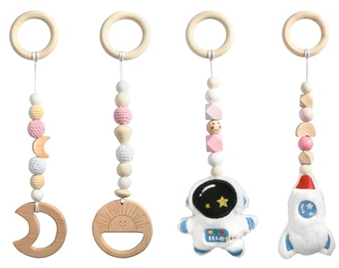 Rieoany 4 Stück Spielbogen Baby Spielzeug, Holzspielzeug Baby, Babyschale Spielzeug, Holz Spielbogen Anhänger, Anhänger Kinder Gym für Mädchen Jungen