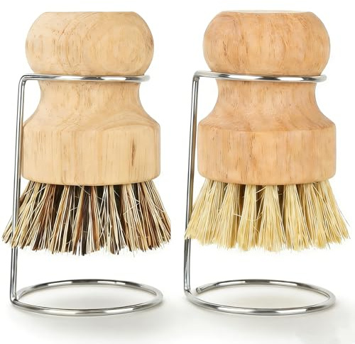 Vunanvu Lot De 2 Brosses À Vaisselle Courtes en Bois avec Support en Bambou Poils Naturels en Sisal Naturel pour Champignons Poêles, Casseroles Et Champignons