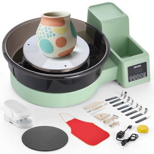 VEVOR Tornio Girevole da 36 e 28 cm Verde Vasca Rimovibile, Giradischi per Ceramica da Tavolo da 450 W con Pedale, velocità Regolabile da 30 a 300 Giri/min, per Principianti Artigianato Fai da Te