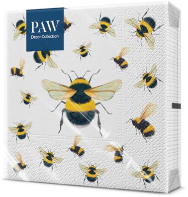 PAW Servietten 33 x 33 cm, 20 Stück - Tanzende Bienen | Dreilagig, saugstark und reißfest, dekorativ für Geburtstag, Hochzeit und Kaffeetafel, bringt Farbe auf den Tisch