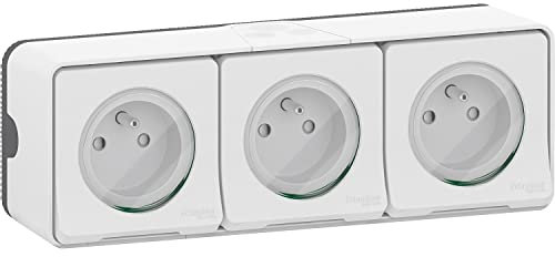Schneider Electric Mureva Style MUR36039 Dreifach-Steckdose, vorverdrahtet, 2P+T, Standard FR, 16 A, IP55, Schnellanschluss, IP55, IK08, Weiß, 3 Steckdosen