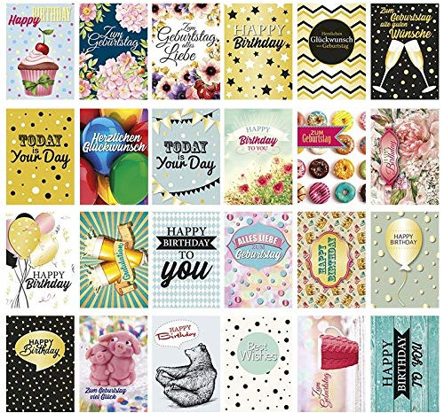 Ideen mit Herz 24 Postkarten zum Geburtstag | Geburtstagskarten-Set mit lustigen Motiven | Din A6 | 250 g/qm | 24 verschiedene Designs